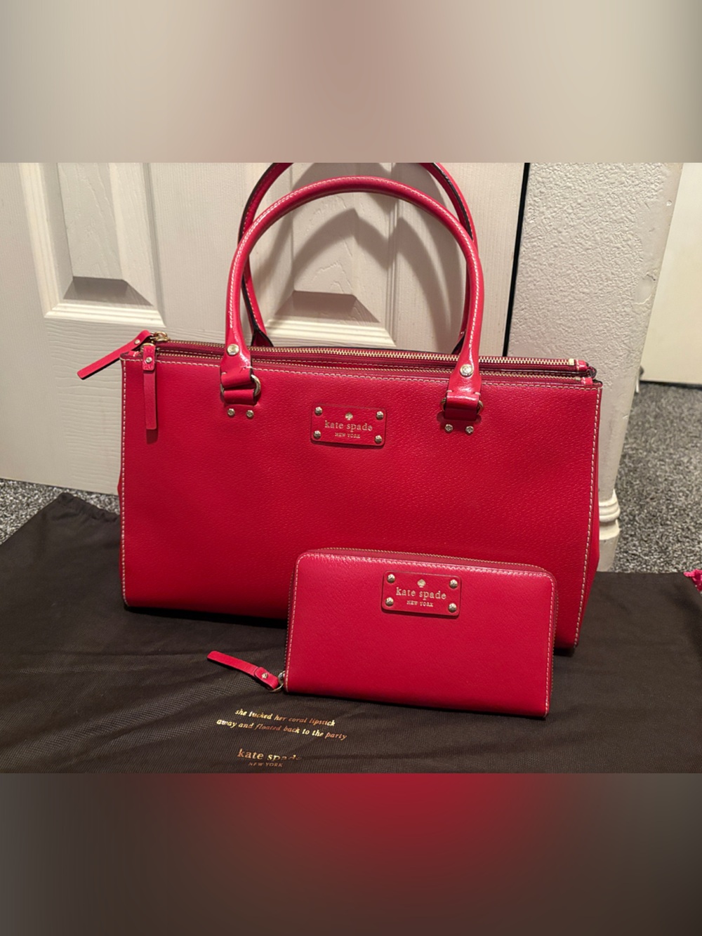 kate spade Bright Red Leather Tote with Matching Wallet